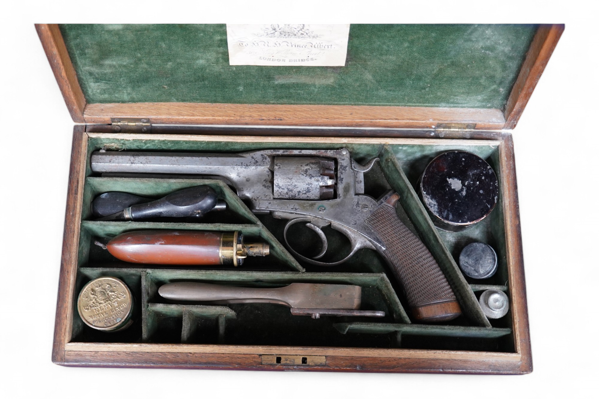 A five shot 48 bore Deane Harding patent double action percussion revolver number 6530L, top flat engraved Deane and son London Bridge, frame engraved Deane Harding patent number 6530L, under lever rammer, swivel safety